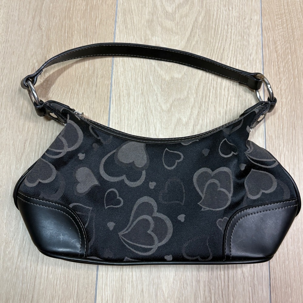 Black Heart Print Baguette Shoulder Bag Y2K Style Small Handbag 12x7"